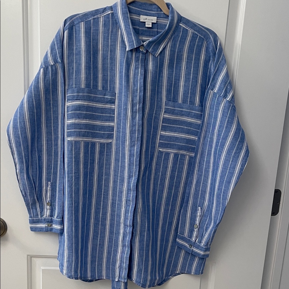 J. Jill  Love Linen Cabana Blue and White Striped Casual Oversized Blouse